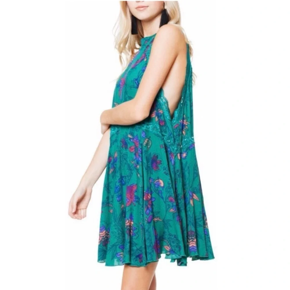 Free People Teal and Purple Floral She Moves Oversized Sleeveless Mini Chemise - Picture 4 of 15